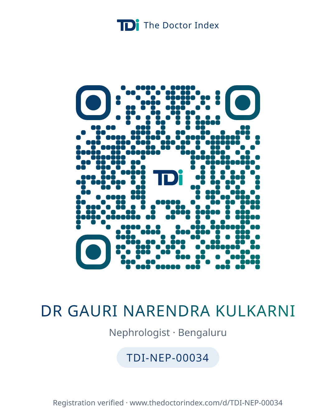 QR card for Dr Gauri Narendra Kulkarni, TDI-NEP-00034