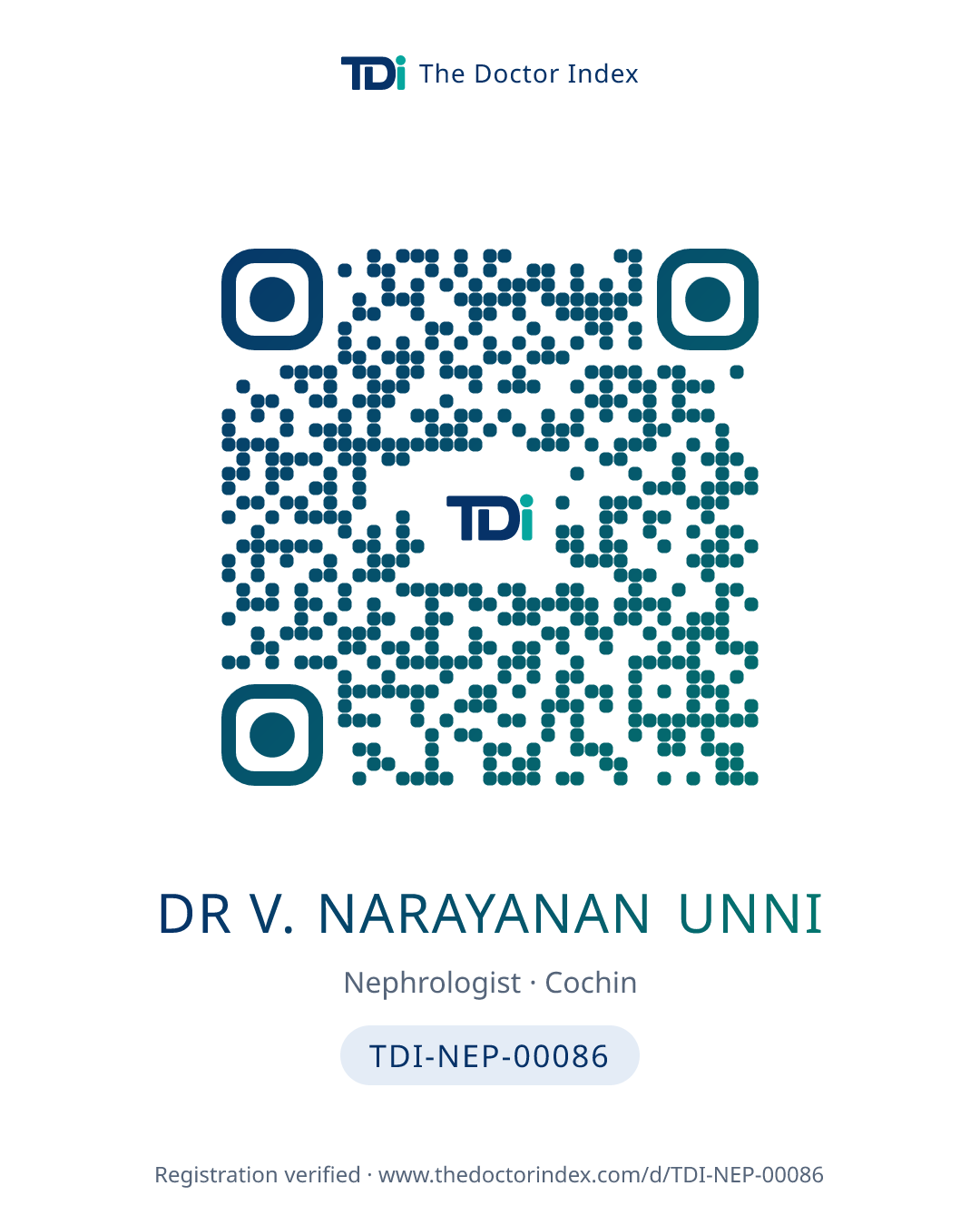 QR card for Dr V. Narayanan Unni, TDI-NEP-00086
