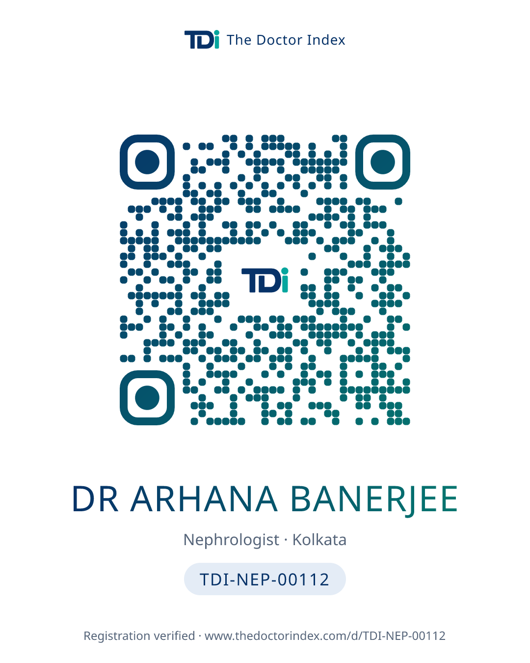 QR card for Dr Arhana Banerjee, TDI-NEP-00112
