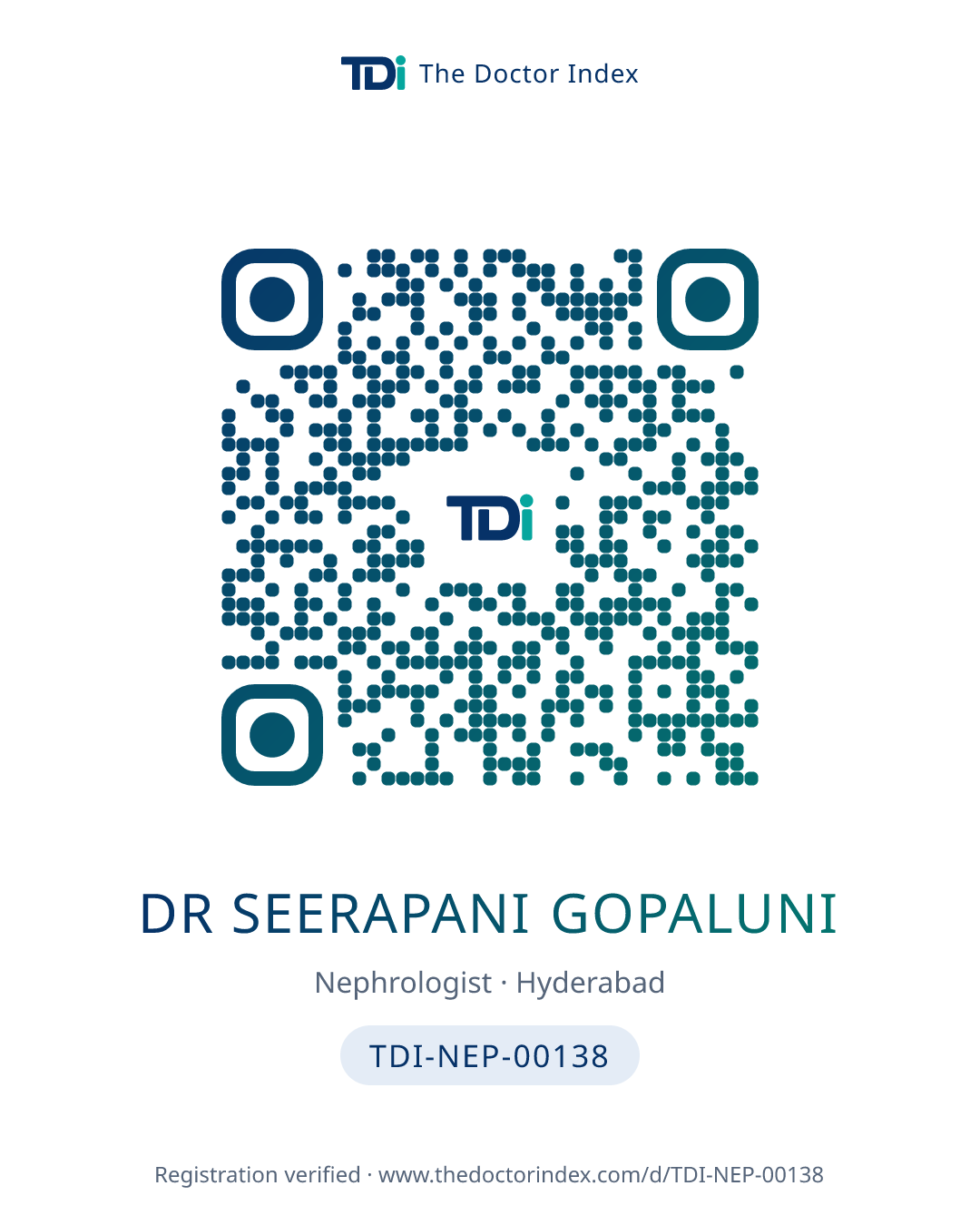 QR card for Dr Seerapani Gopaluni, TDI-NEP-00138