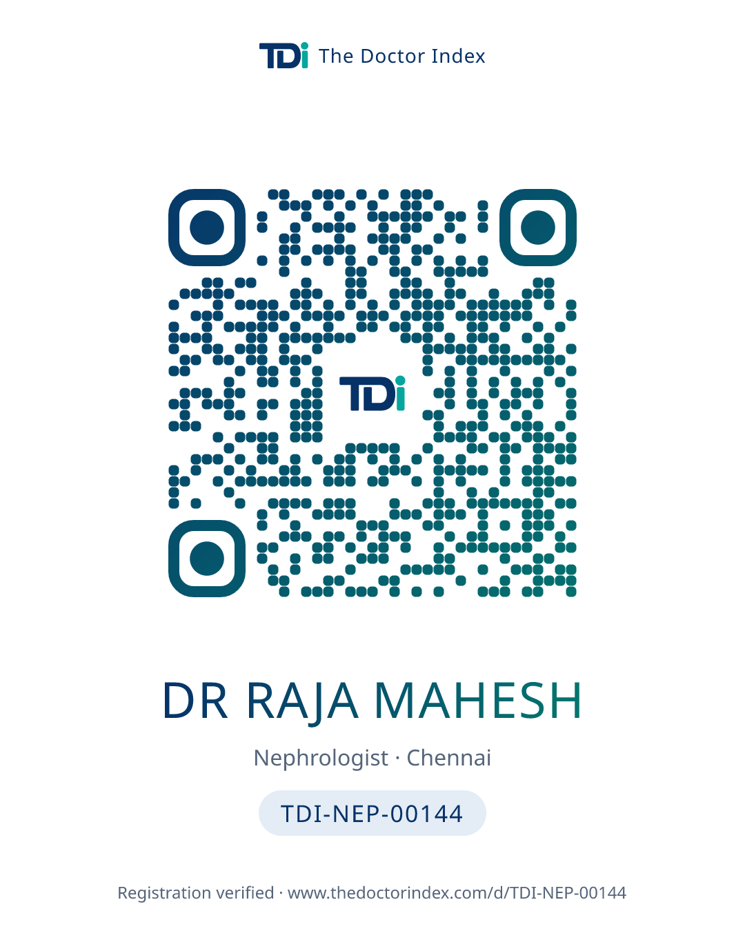 QR card for Dr Raja Mahesh, TDI-NEP-00144