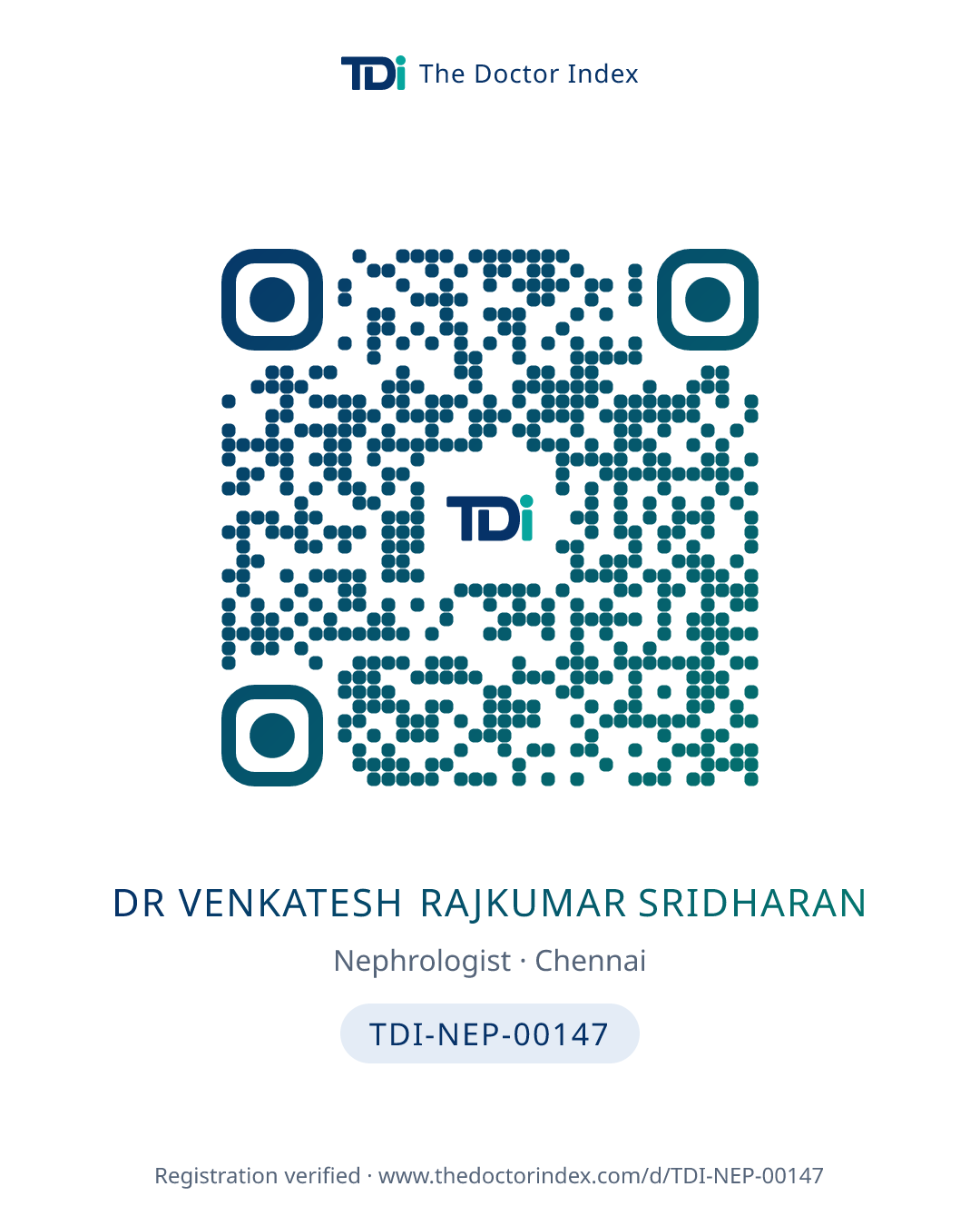 QR card for Dr Venkatesh Rajkumar Sridharan, TDI-NEP-00147
