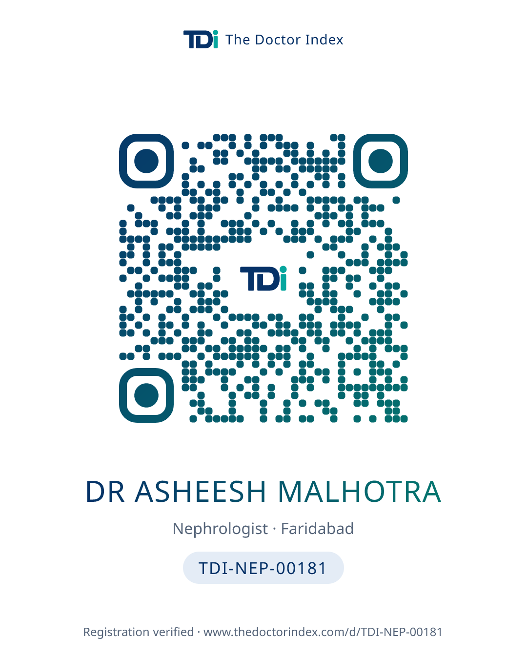 QR card for Dr Asheesh Malhotra, TDI-NEP-00181