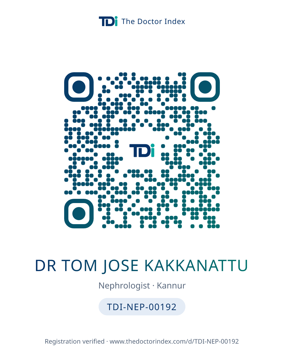 QR card for Dr Tom Jose Kakkanattu, TDI-NEP-00192