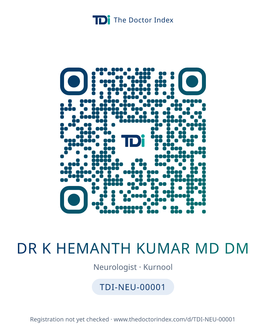 QR card for Dr K Hemanth Kumar MD Dm, TDI-NEU-00001