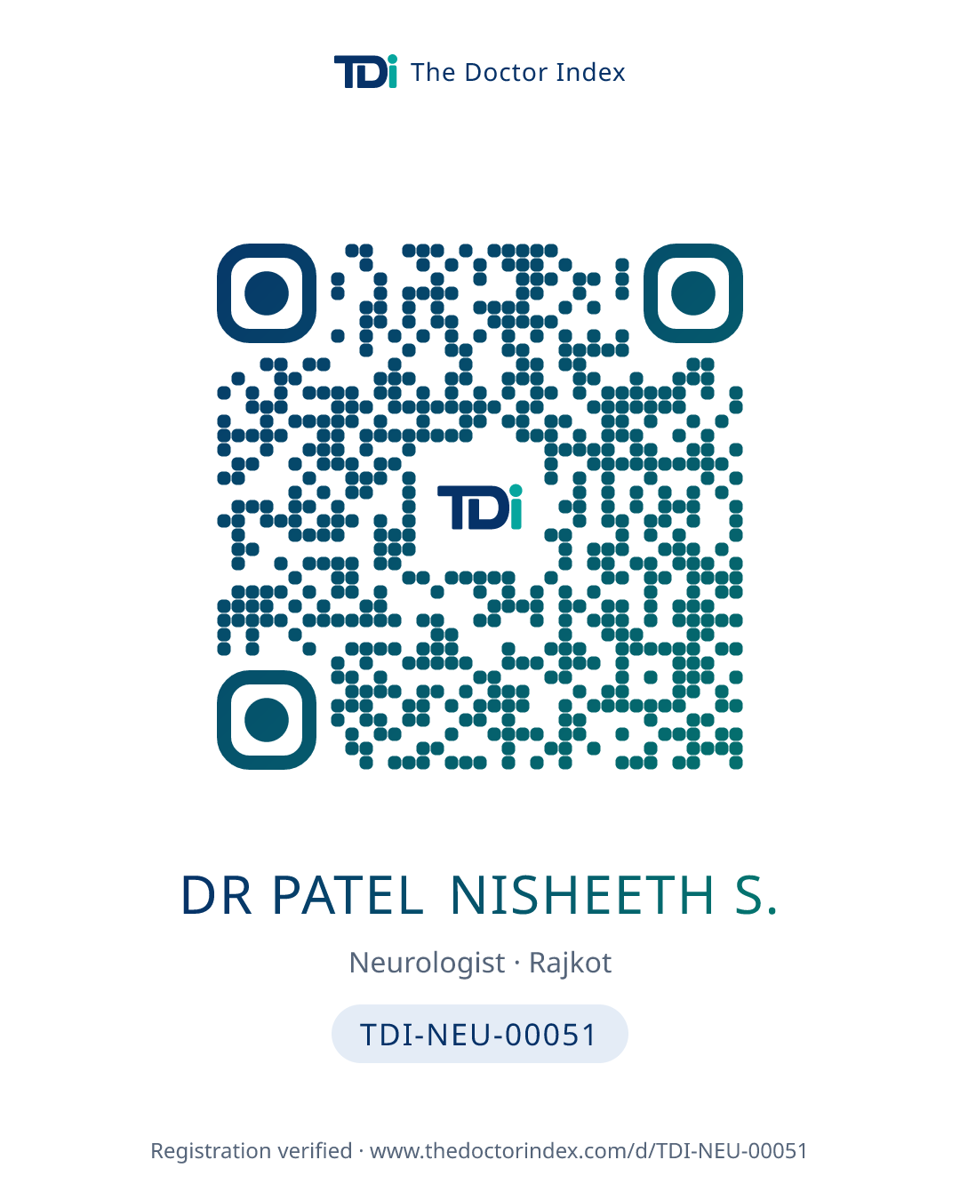 QR card for Dr Patel Nisheeth S., TDI-NEU-00051