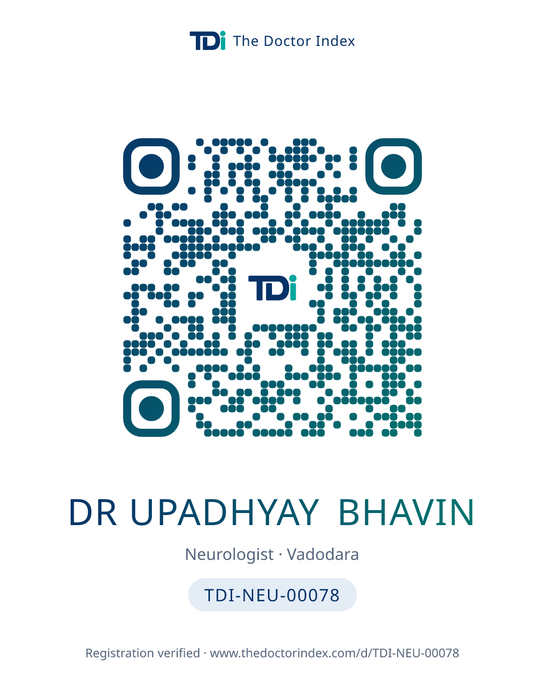 QR card for Dr Upadhyay Bhavin, TDI-NEU-00078