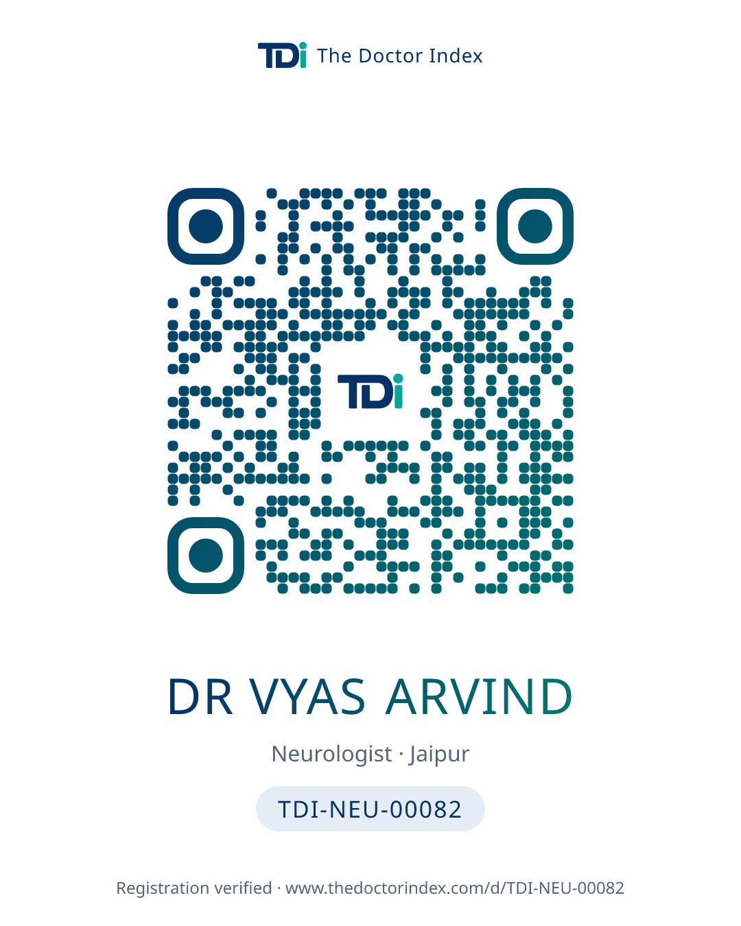 QR card for Dr Vyas Arvind, TDI-NEU-00082