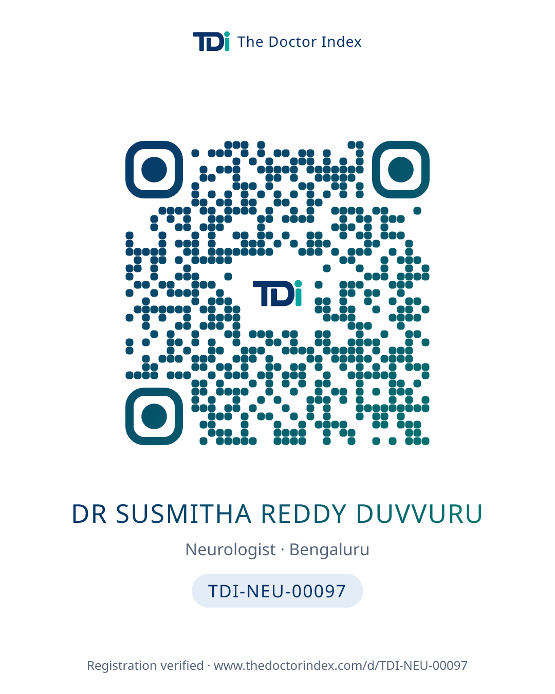 QR card for Dr Susmitha Reddy Duvvuru, TDI-NEU-00097