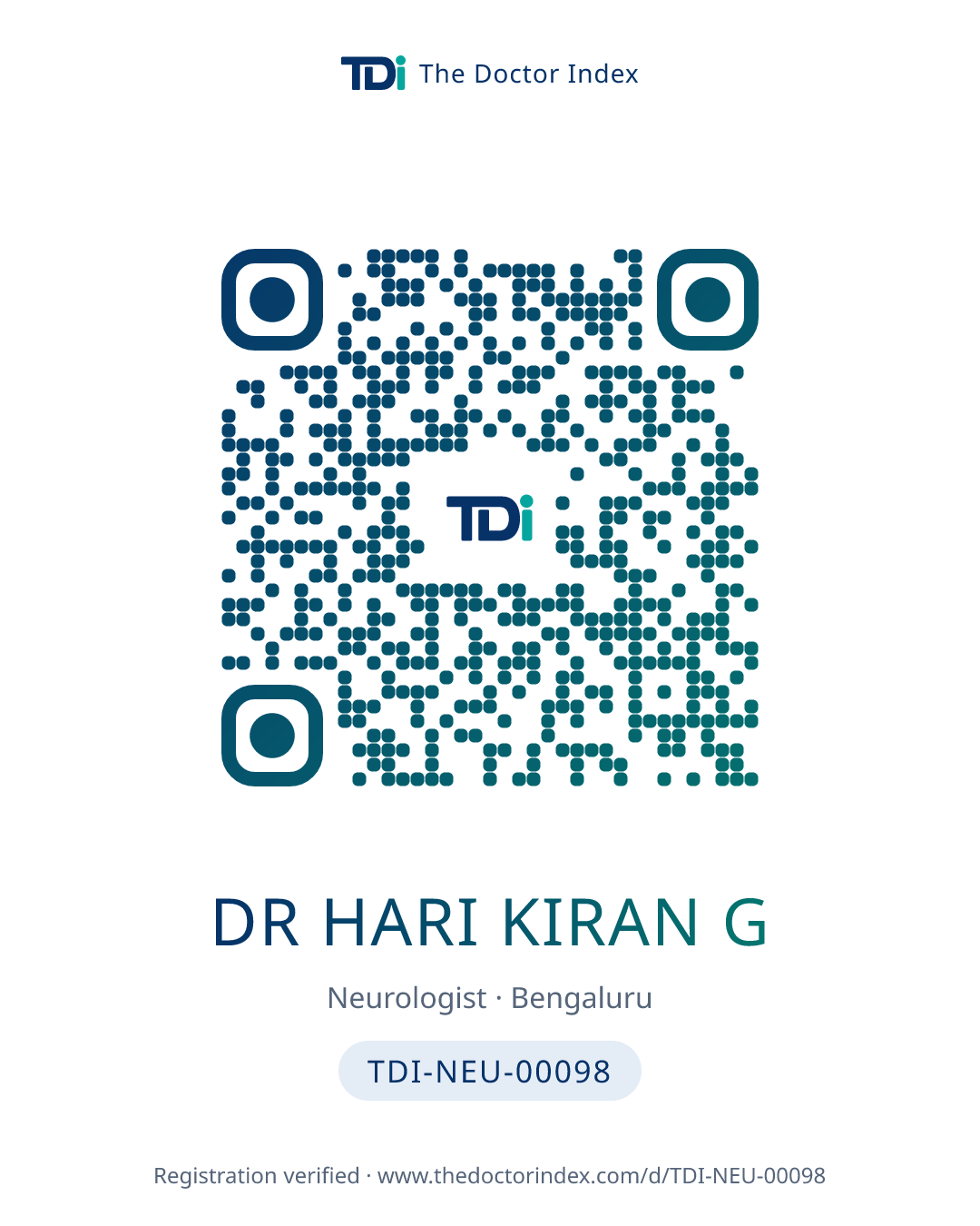 QR card for Dr Hari Kiran G, TDI-NEU-00098