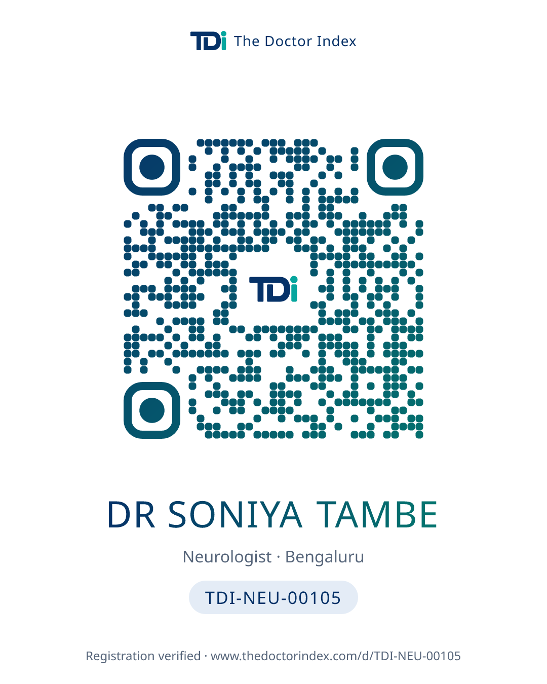 QR card for Dr Soniya Tambe, TDI-NEU-00105