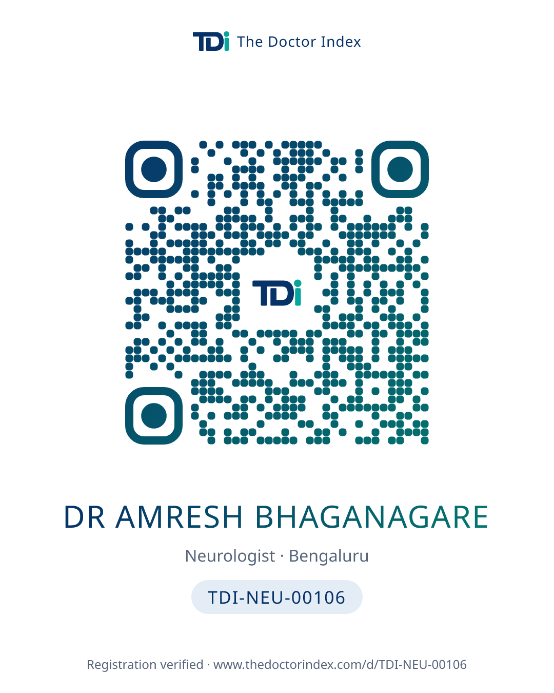 QR card for Dr Amresh Bhaganagare, TDI-NEU-00106