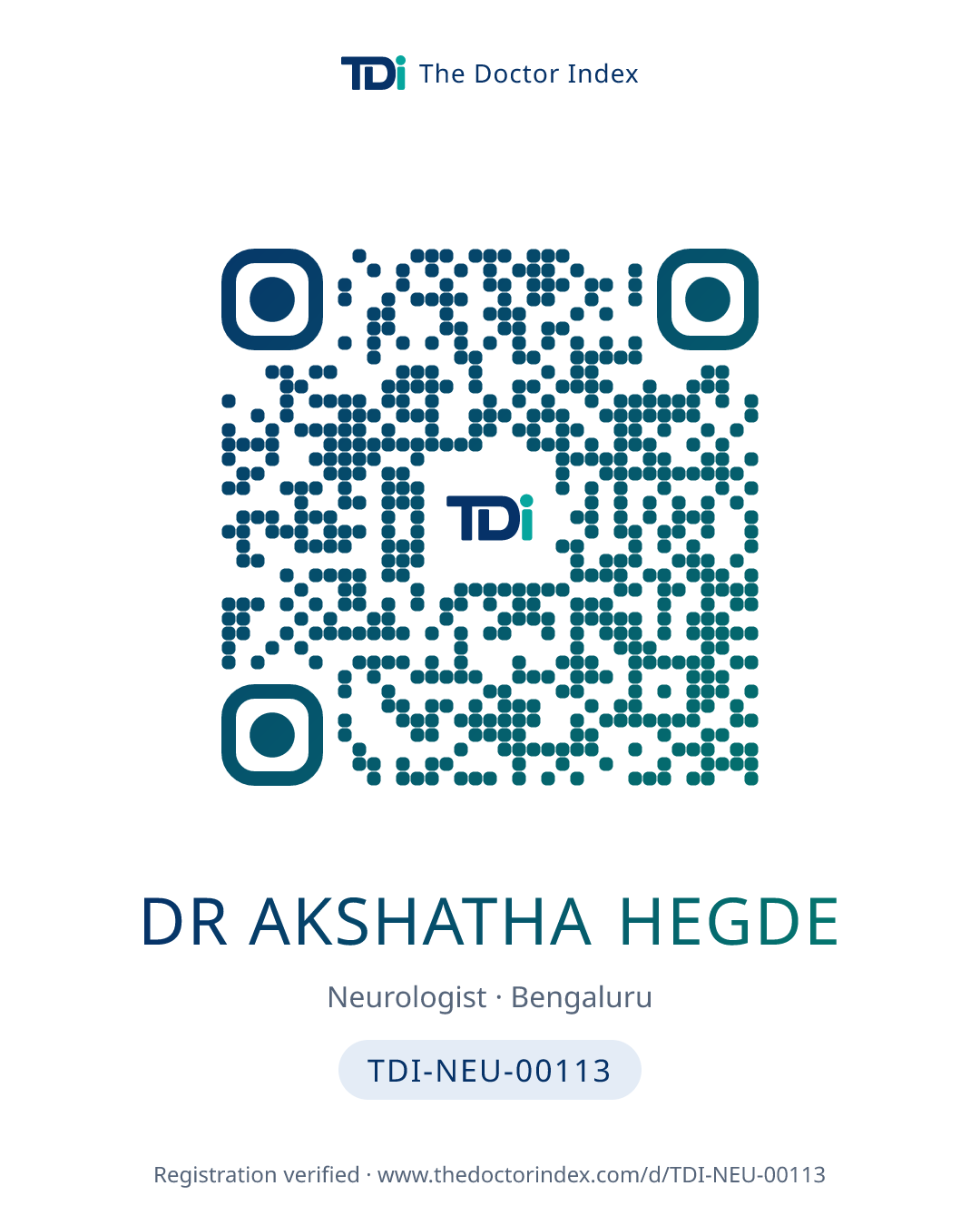 QR card for Dr Akshatha hegde, TDI-NEU-00113