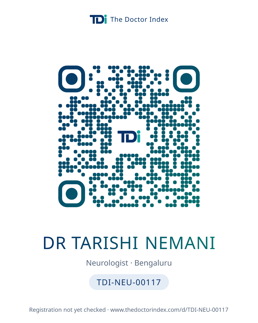 QR card for Dr Tarishi Nemani, TDI-NEU-00117