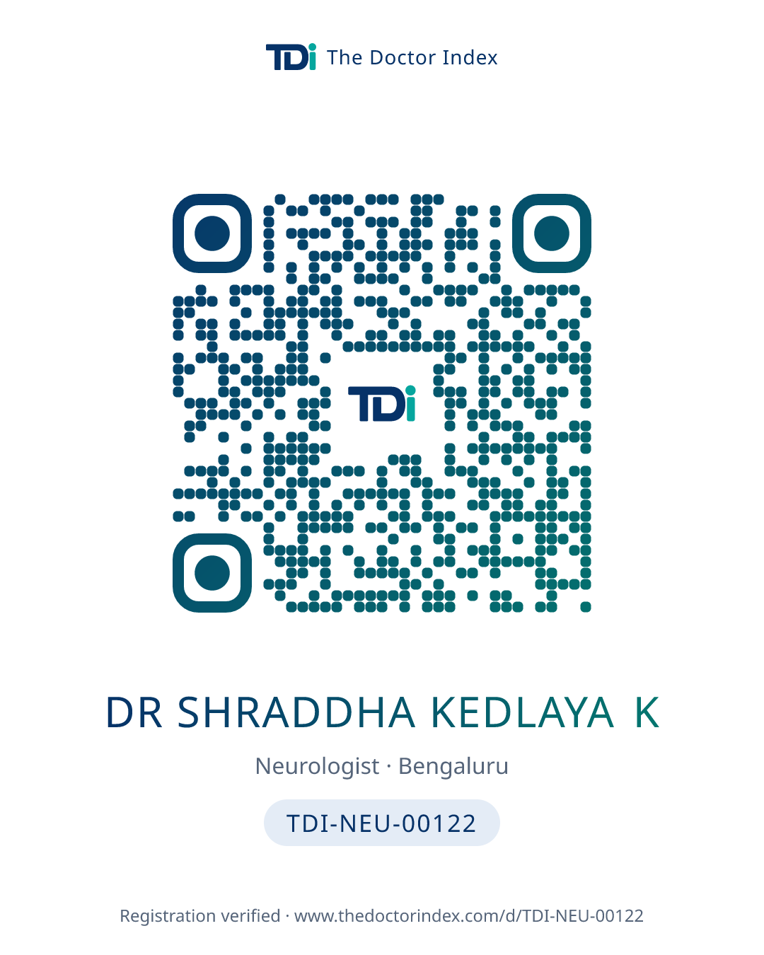 QR card for Dr Shraddha Kedlaya K, TDI-NEU-00122
