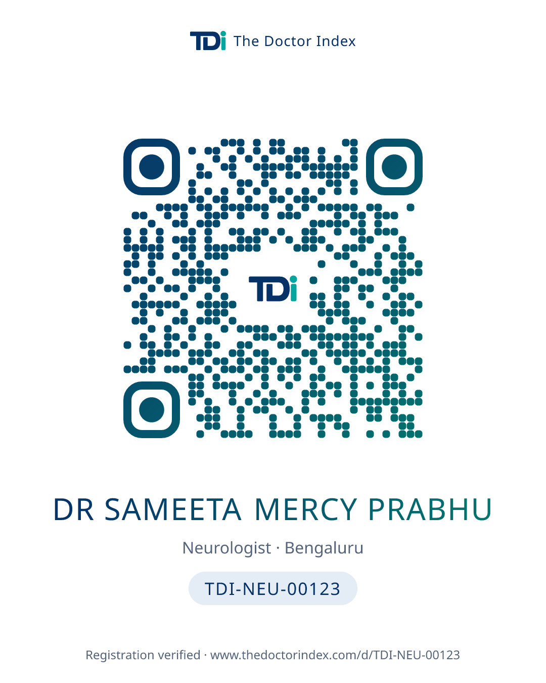 QR card for Dr SAMEETA MERCY PRABHU, TDI-NEU-00123