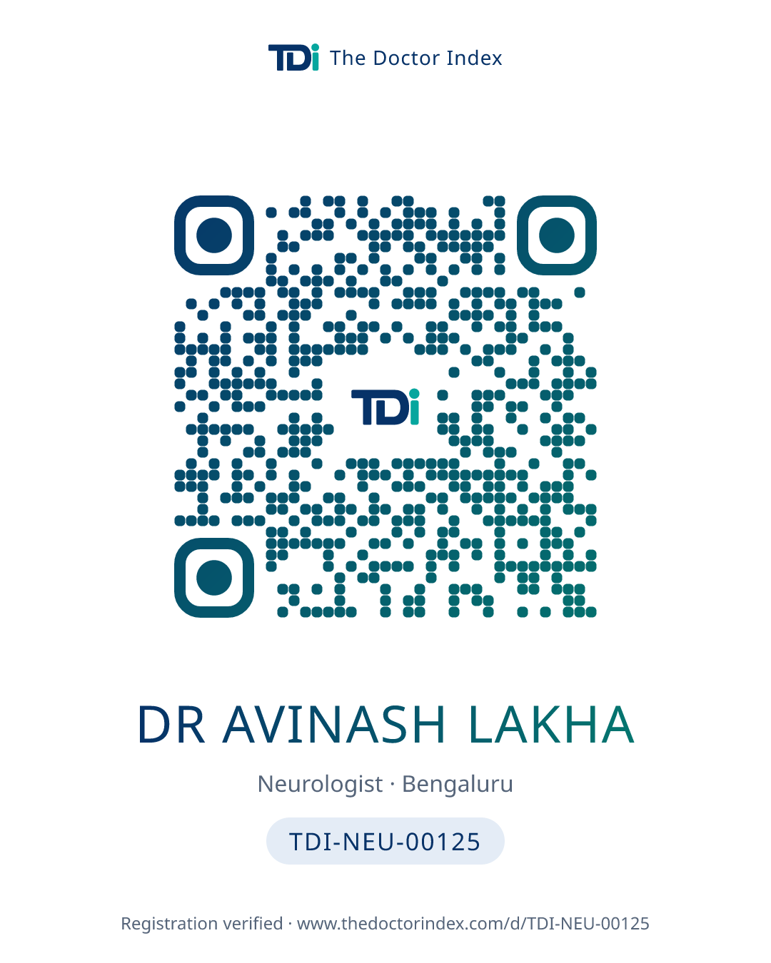 QR card for Dr Avinash Lakha, TDI-NEU-00125