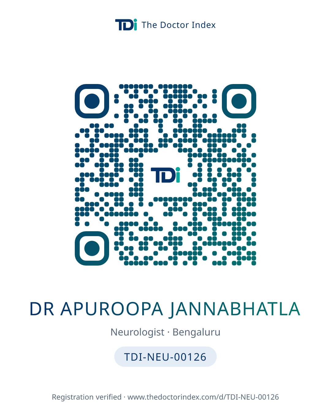 QR card for Dr Apuroopa Jannabhatla, TDI-NEU-00126