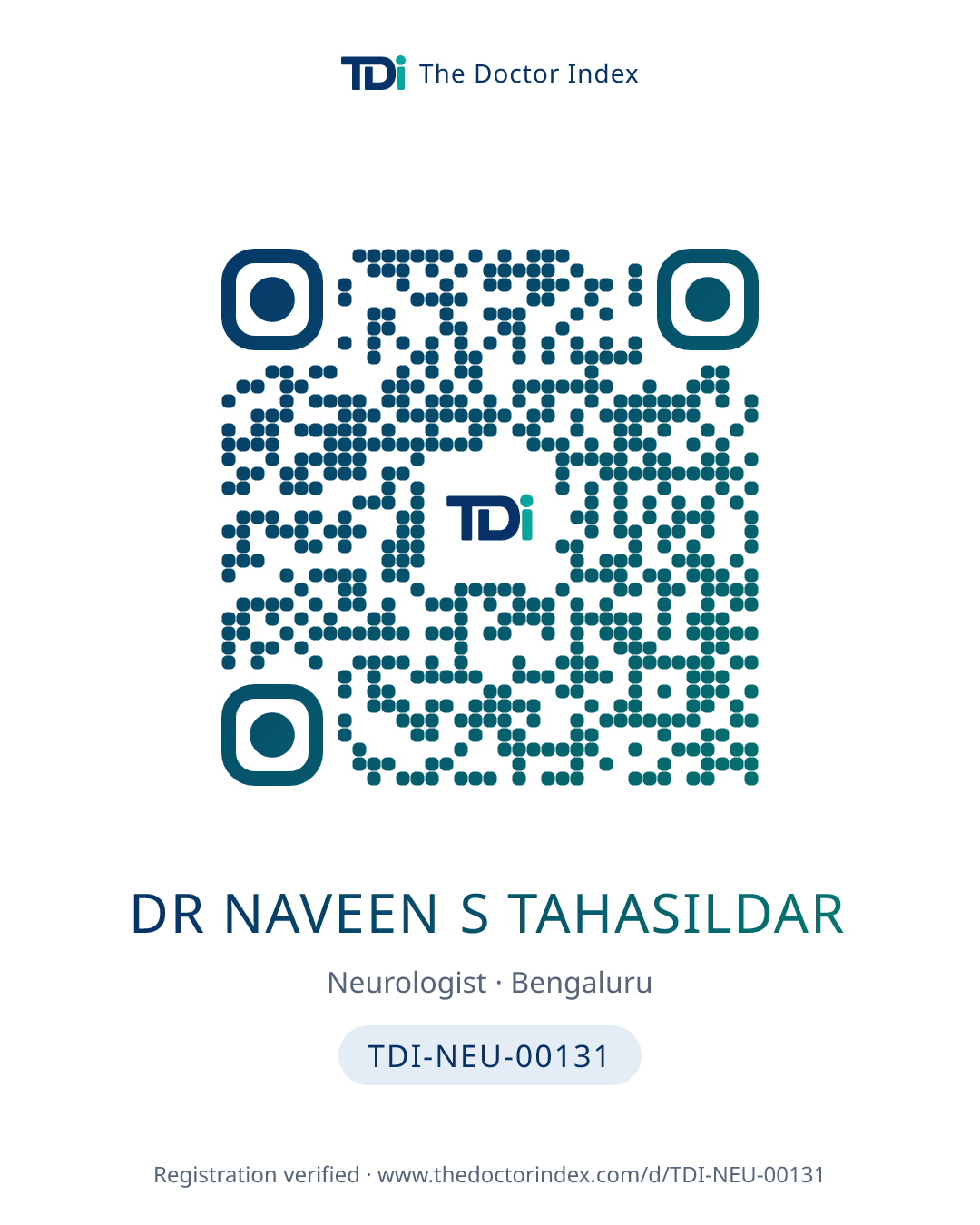 QR card for Dr Naveen S Tahasildar, TDI-NEU-00131