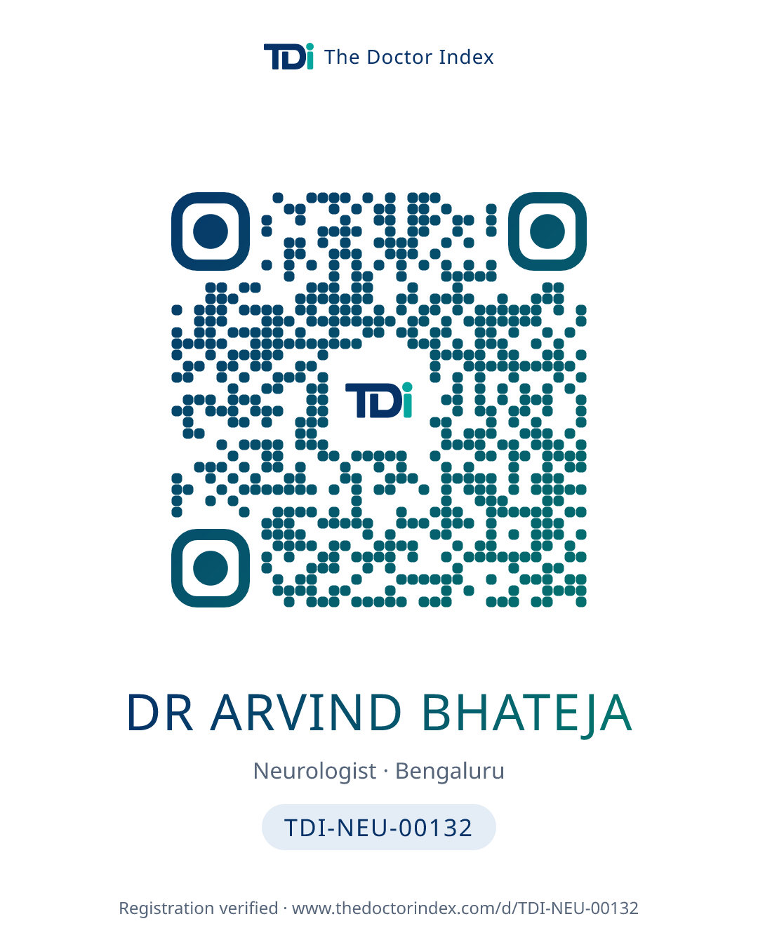 QR card for Dr Arvind Bhateja, TDI-NEU-00132