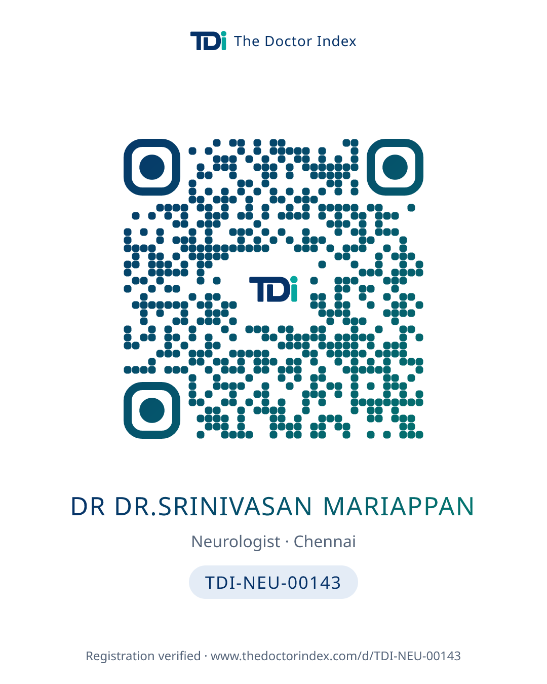 QR card for Dr Dr.srinivasan Mariappan, TDI-NEU-00143