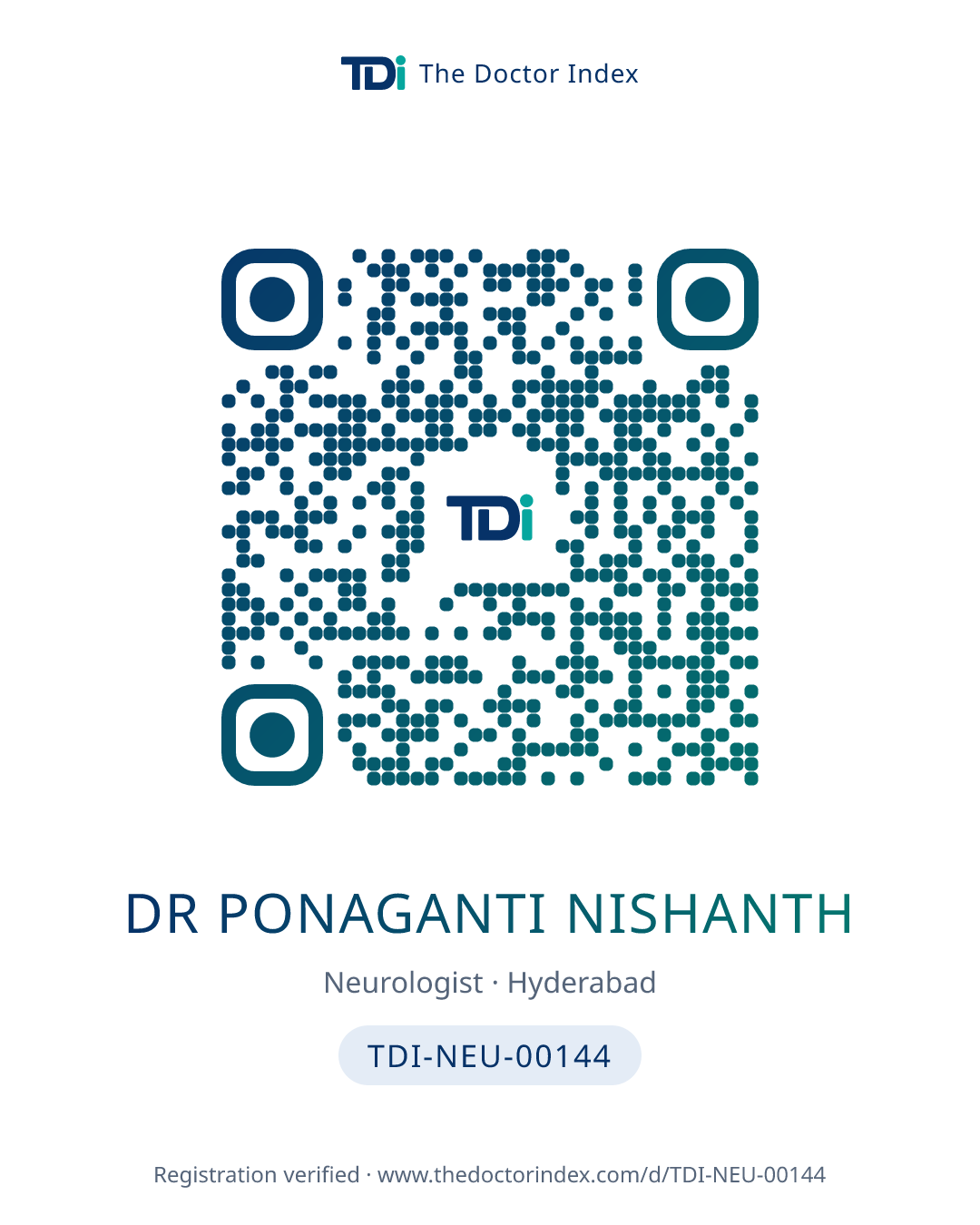 QR card for Dr Ponaganti Nishanth, TDI-NEU-00144