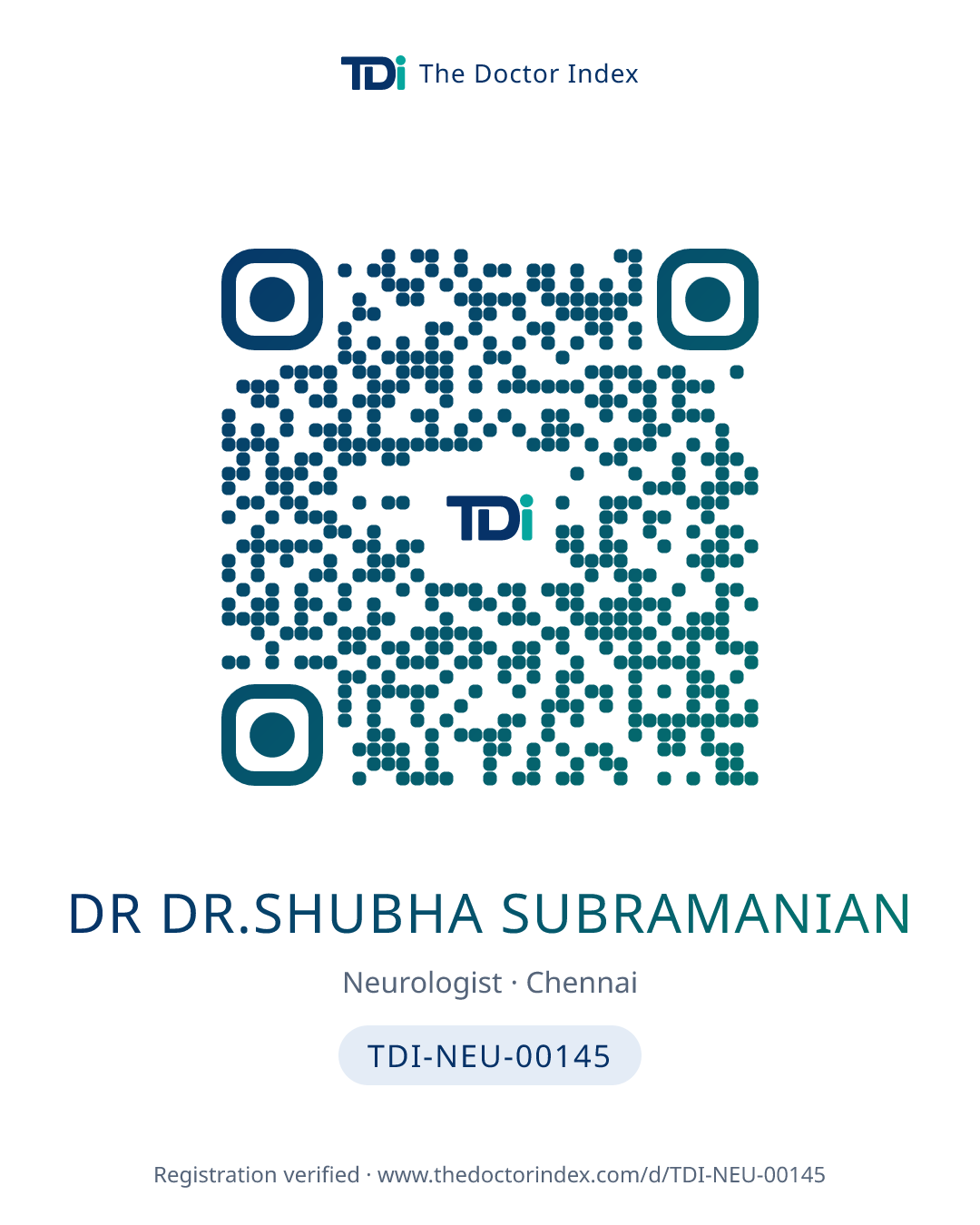 QR card for Dr Dr.shubha Subramanian, TDI-NEU-00145