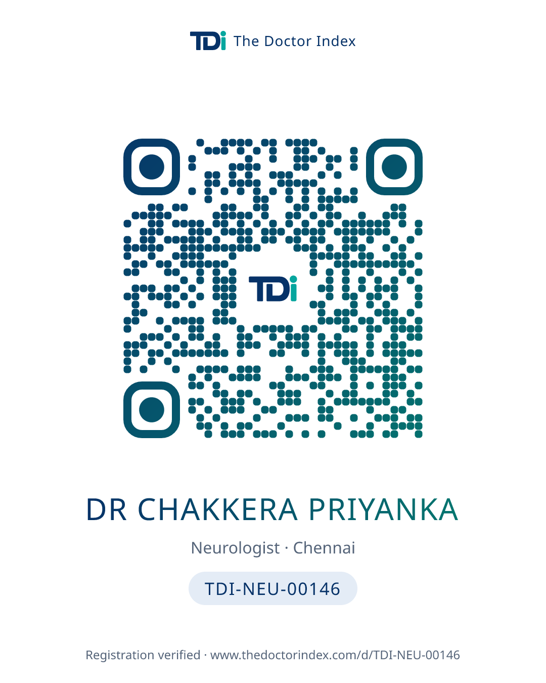 QR card for Dr Chakkera Priyanka, TDI-NEU-00146