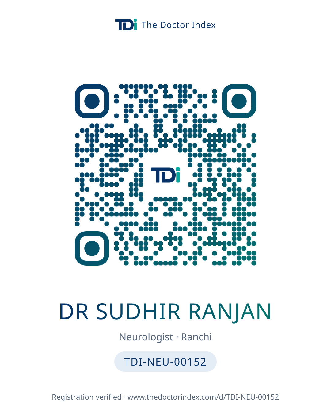 QR card for Dr Sudhir Ranjan, TDI-NEU-00152