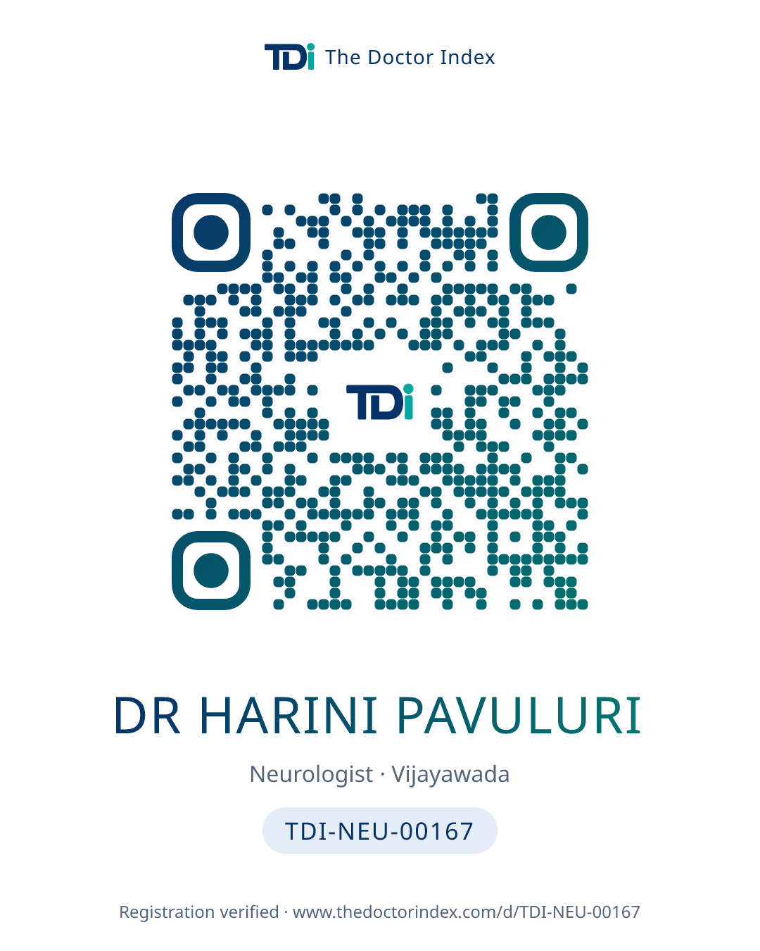 QR card for Dr Harini Pavuluri, TDI-NEU-00167
