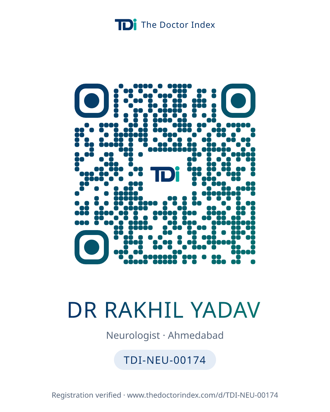 QR card for Dr Rakhil Yadav, TDI-NEU-00174