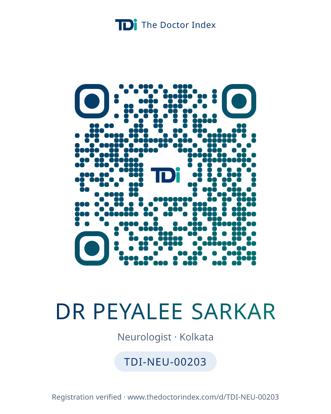 QR card for Dr Peyalee Sarkar, TDI-NEU-00203