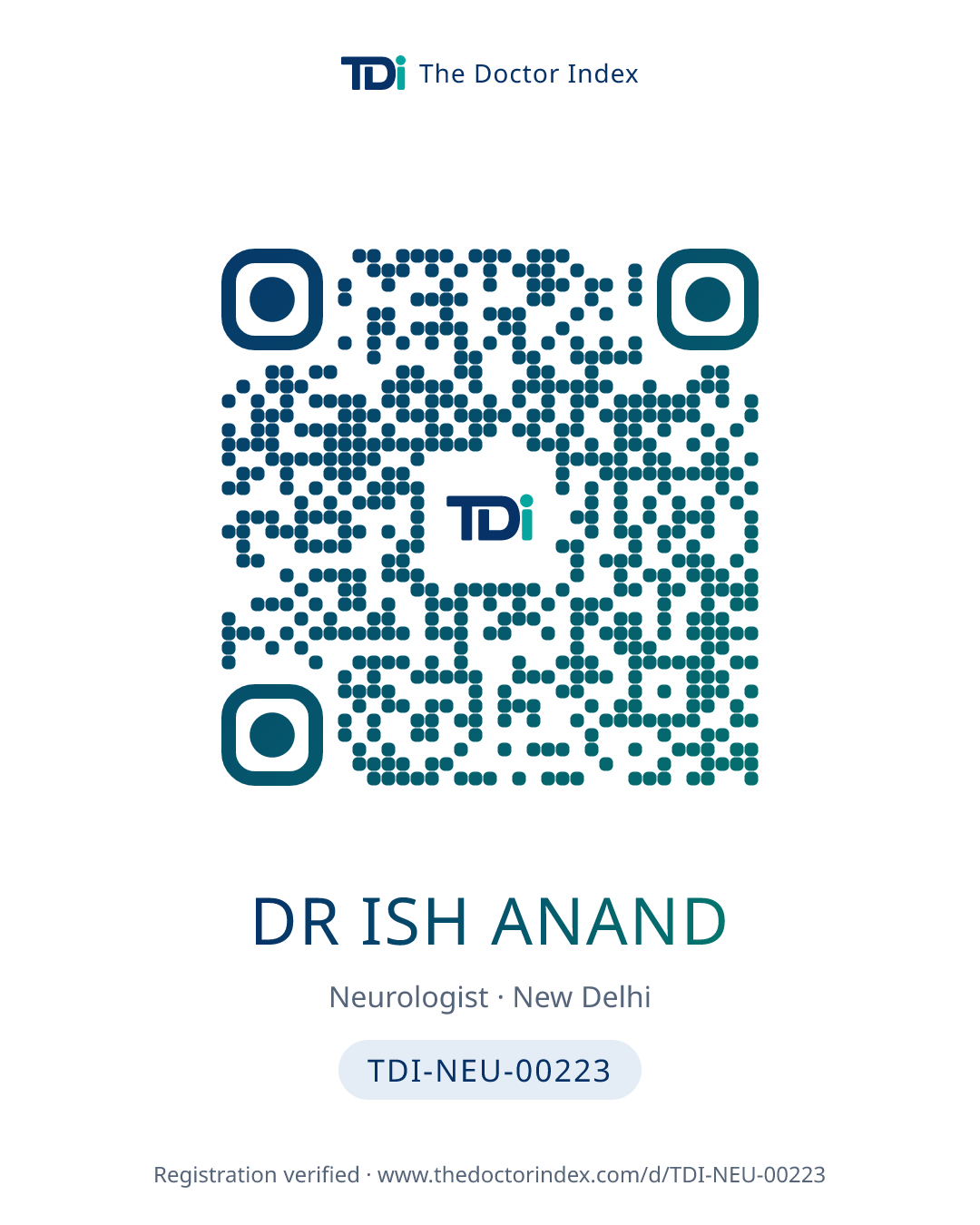 QR card for Dr Ish Anand, TDI-NEU-00223