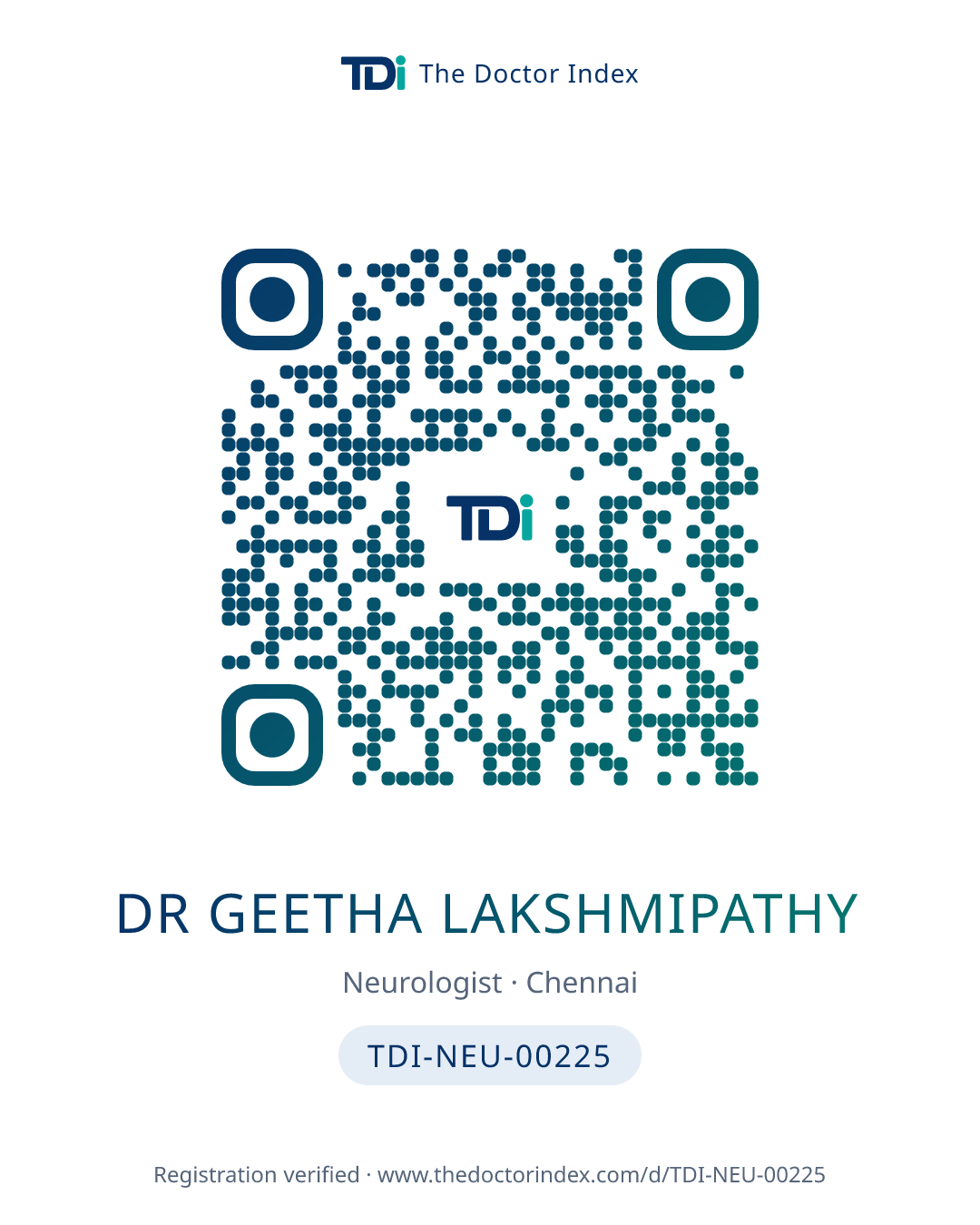 QR card for Dr Geetha Lakshmipathy, TDI-NEU-00225