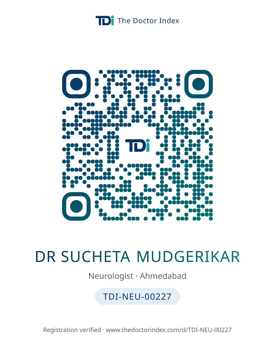QR card for Dr Sucheta Mudgerikar, TDI-NEU-00227