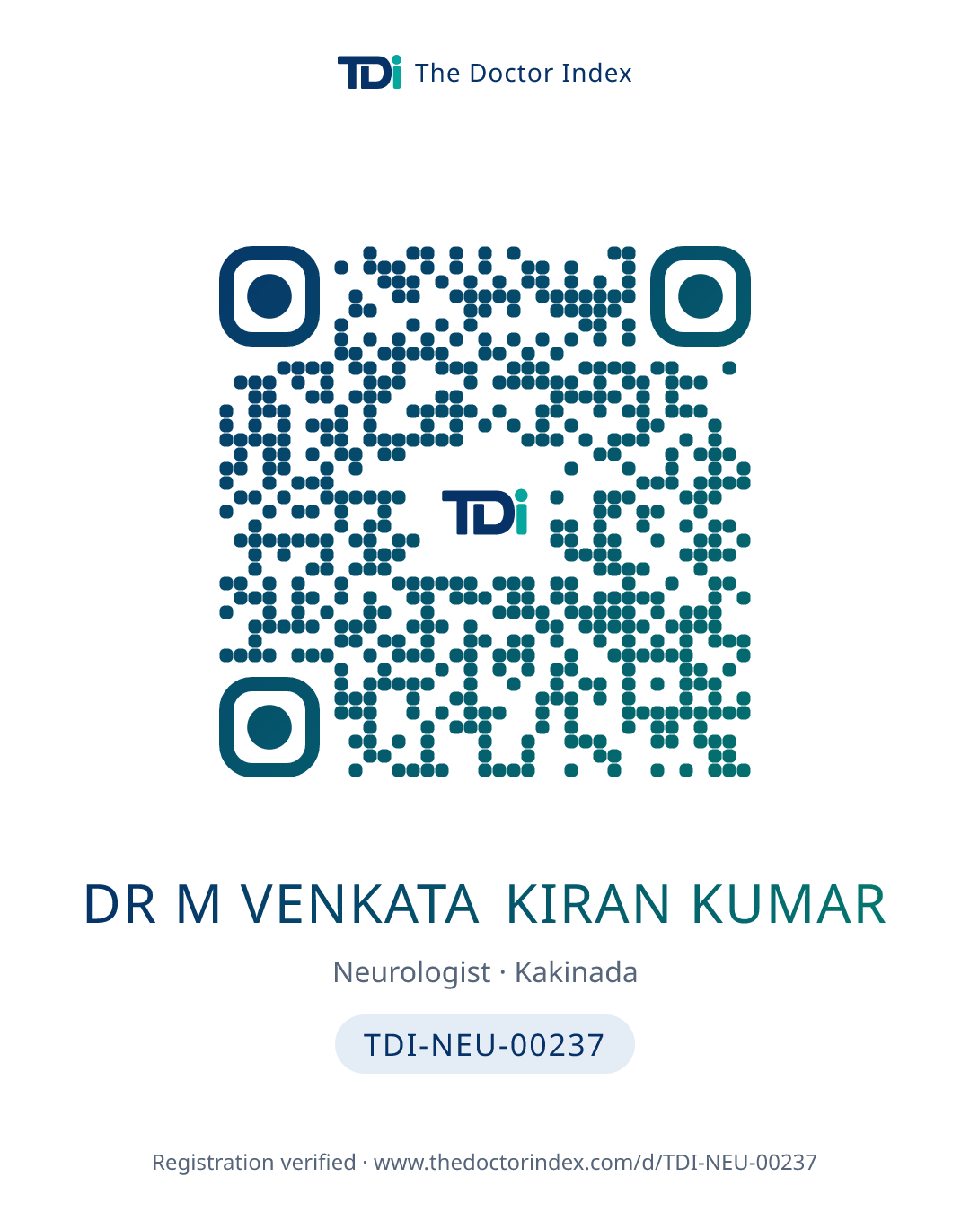 QR card for Dr M Venkata Kiran Kumar, TDI-NEU-00237