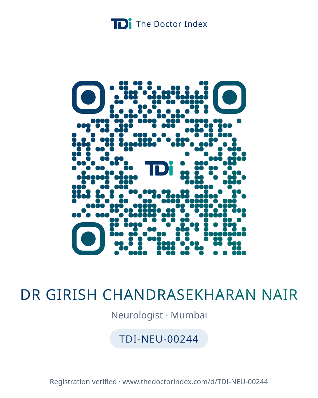 QR card for Dr Girish Chandrasekharan Nair, TDI-NEU-00244