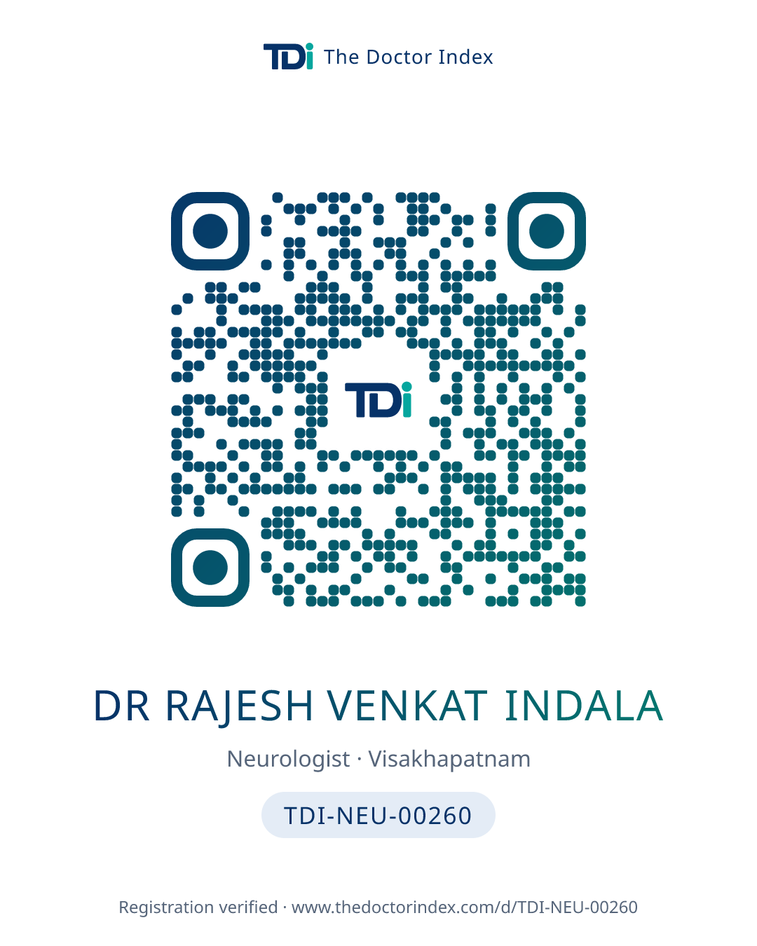 QR card for Dr Rajesh Venkat Indala, TDI-NEU-00260