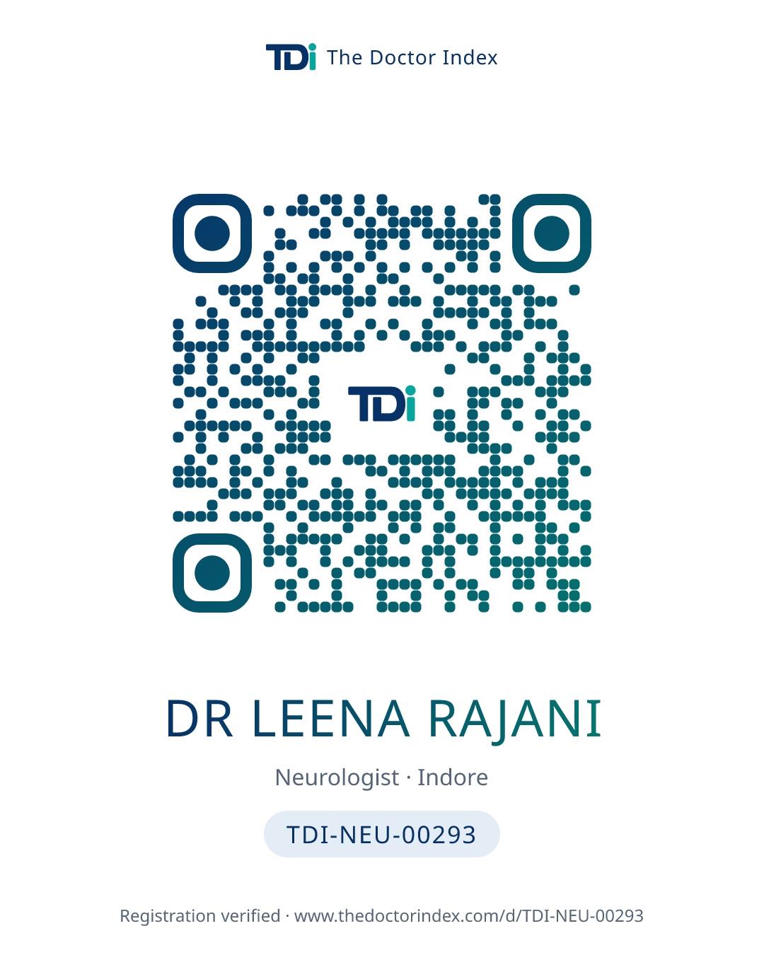 QR card for Dr Leena Rajani, TDI-NEU-00293