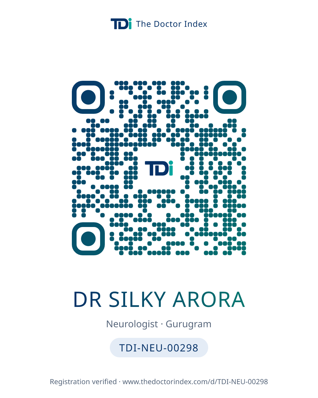 QR card for Dr Silky Arora, TDI-NEU-00298