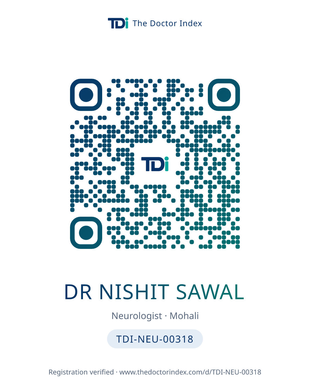 QR card for Dr Nishit Sawal, TDI-NEU-00318