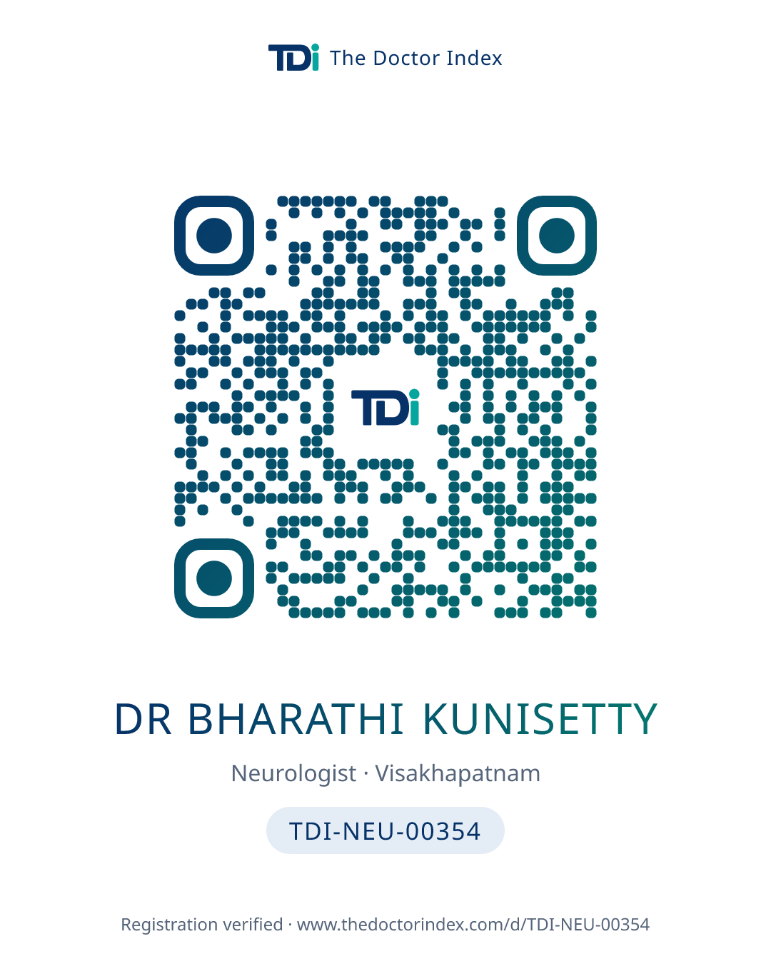 QR card for Dr Bharathi Kunisetty, TDI-NEU-00354