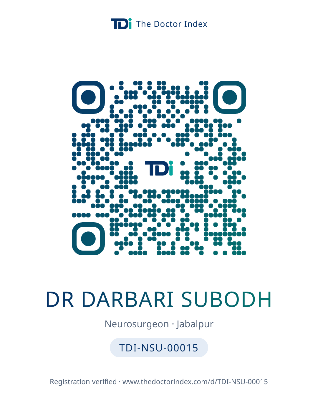 QR card for Dr Darbari Subodh, TDI-NSU-00015