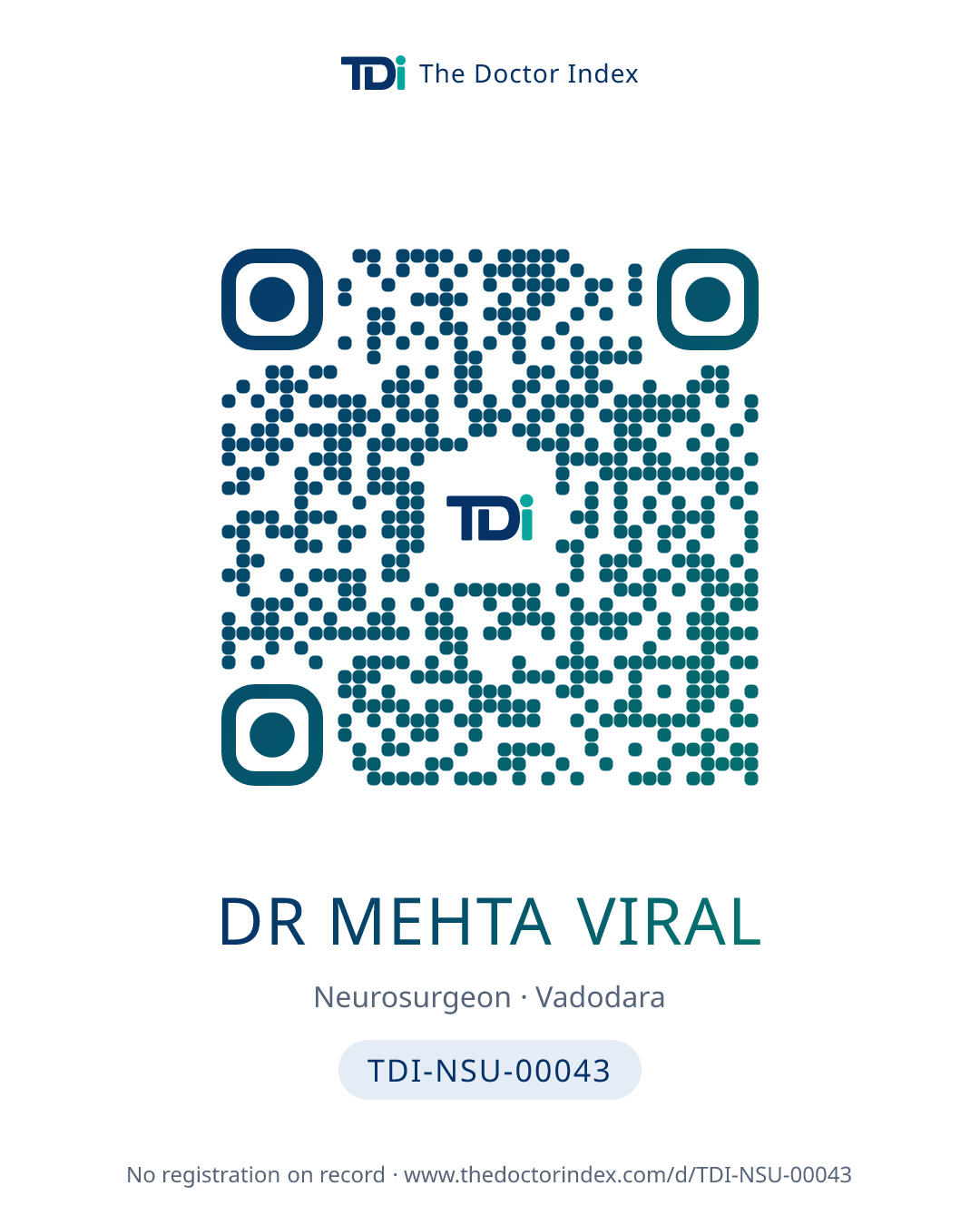 QR card for Dr Mehta Viral, TDI-NSU-00043