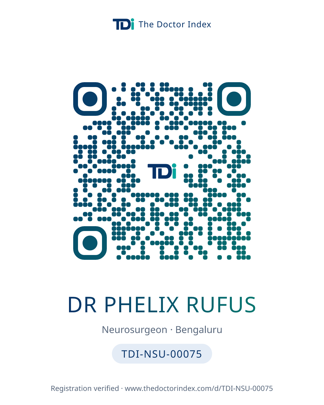 QR card for Dr Phelix Rufus, TDI-NSU-00075