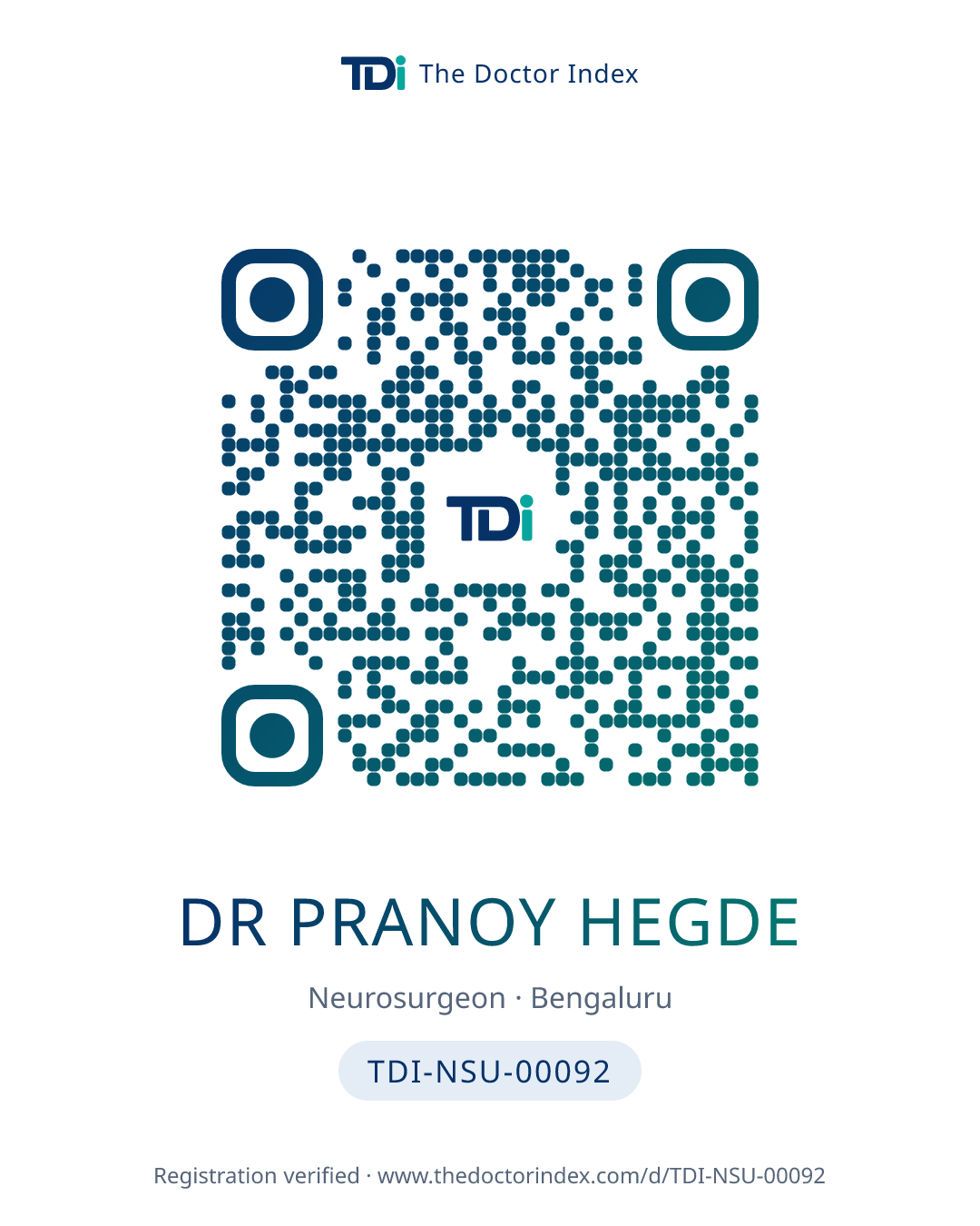 QR card for Dr Pranoy Hegde, TDI-NSU-00092