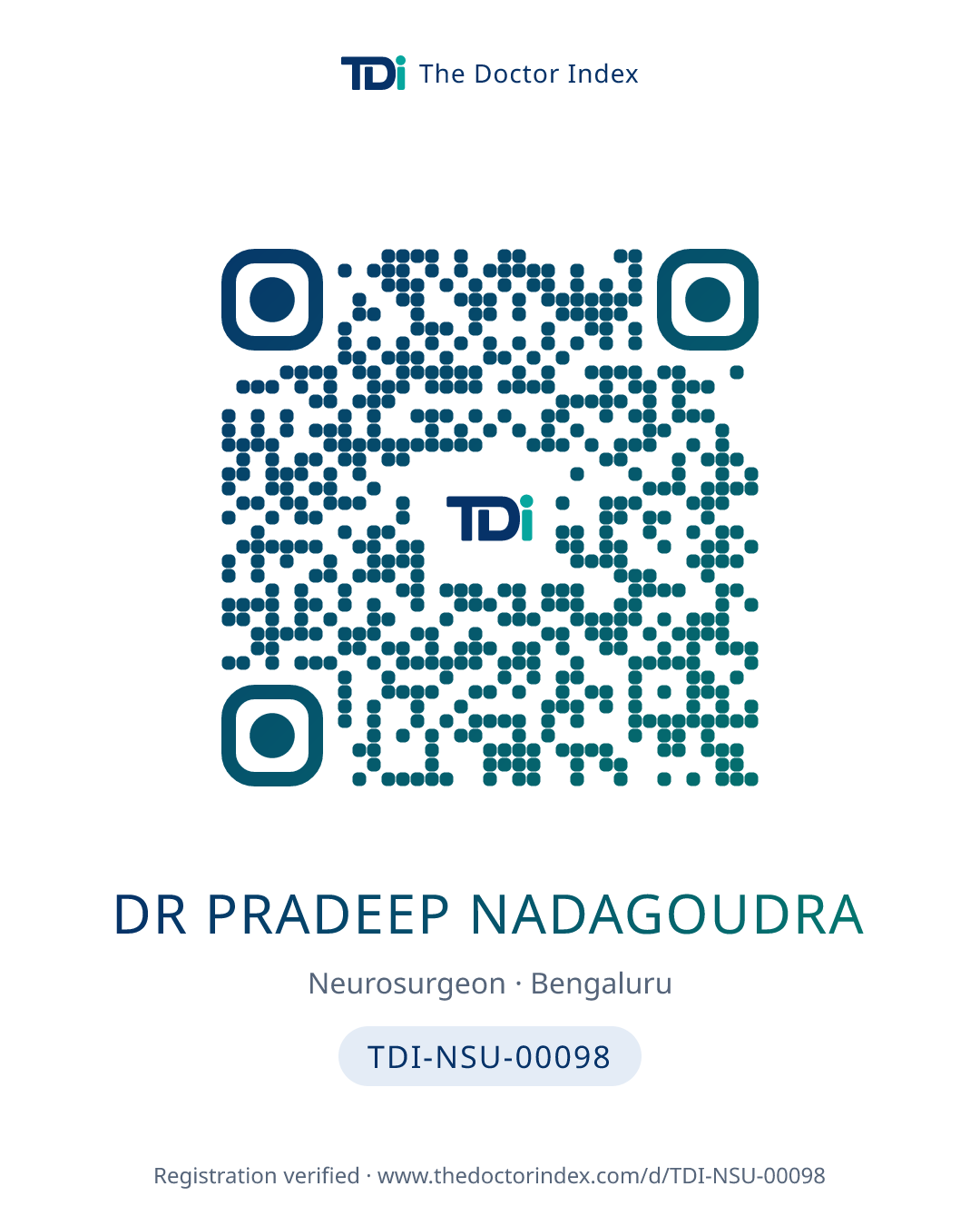 QR card for Dr Pradeep Nadagoudra, TDI-NSU-00098