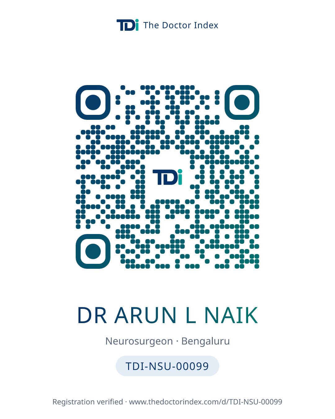 QR card for Dr Arun L Naik, TDI-NSU-00099