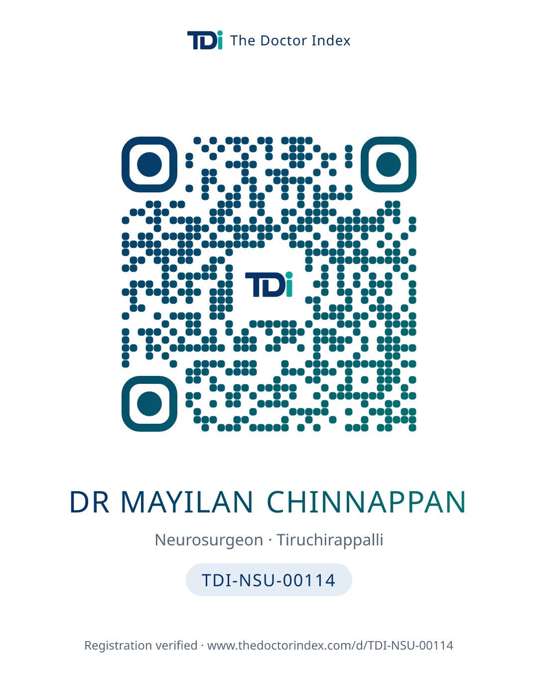 QR card for Dr Mayilan Chinnappan, TDI-NSU-00114