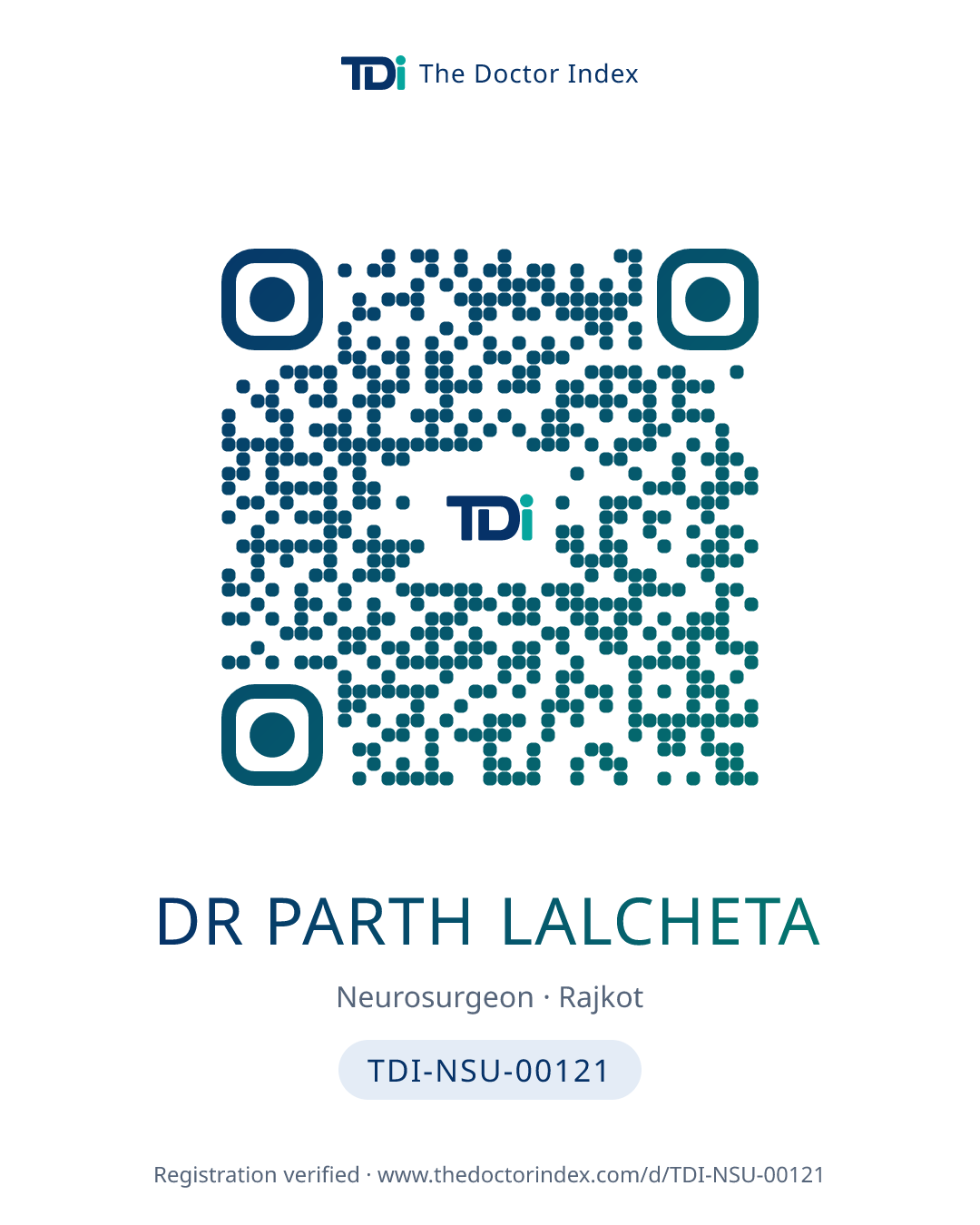 QR card for Dr Parth Lalcheta, TDI-NSU-00121